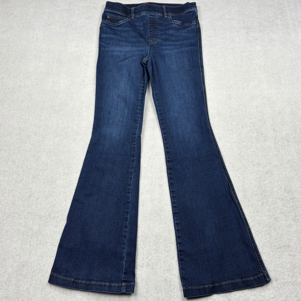 SPANX Womens M Flare Jeans Dark Wash Pull On High Rise Denim Bell Bottom Pants